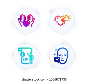 Hold Heart, Manual Doc And Love Message Icons Simple Set. Button With Halftone Dots. Face Accepted Sign. Care Love, Project Info, Heart. Access Granted. People Set. Vector