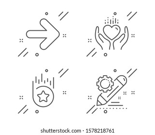 Hold heart, Next and Loyalty star line icons set. Project edit sign. Care love, Forward, Bonus reward. Settings. Business set. Line hold heart outline icon. Vector