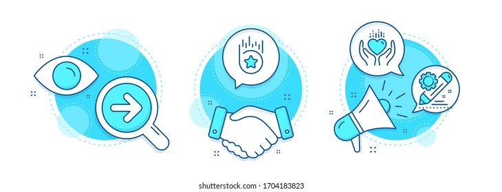 Hold heart, Next and Loyalty star line icons set. Handshake deal, research and promotion complex icons. Project edit sign. Care love, Forward, Bonus reward. Settings. Business set. Vector