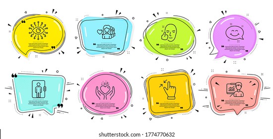 Mantenga el corazón, las señales de charla de Presentación y Sonrisa. El discurso burbuja con las citas. Iconos de línea de inteligencia artificial, de cara sana y de ascensor. Amor femenino, símbolos de gestos de pantalla táctil. Vector