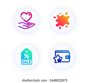 Hold heart, Sale coupon and Dirty spot icons simple set. Button with halftone dots. Loyalty program sign. Care love, Discount tag, Laundry service. Bonus wallet. Business set. Vector