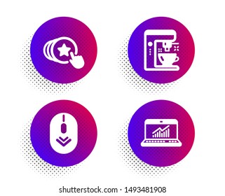 Hold heart, Scroll down and Coffee maker icons simple set. Halftone dots button. Online statistics sign. Love brand, Mouse swipe, Tea machine. Computer data. Business set. Vector