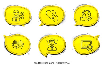 Hold heart sign. Diploma certificate, save planet chat bubbles. Third party, Fair trade and Support consultant line icons set. Team leader, Safe nature, Question mark. Friendship. People set. Vector