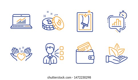 Hold heart, Statistics timer and Third party line icons set. Bitcoin, Debit card and Online statistics signs. Window cleaning, Organic product symbols. Friendship, Growth chart. Business set. Vector