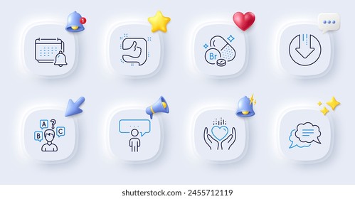 Hold heart, Text message and Quiz test line icons. Buttons with 3d bell, chat speech, cursor. Pack of Consulting business, Like, Notification icon. Download arrow, Bromine mineral pictogram. Vector