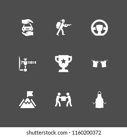 hold icon. 9 hold set with mission, apron silhouette, trophy and protection vector icons for web and mobile app