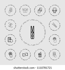 Hold icon. collection of 13 hold outline icons such as cloth pin, credit card, heart on hand, touchscreen, crown, walkie talkie. editable hold icons for web and mobile.