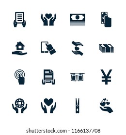Hold icon. collection of 16 hold filled icons such as holding document, cash payment, holding globe, touchscreen, photos on rope. editable hold icons for web and mobile.
