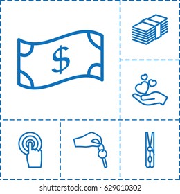Hold icon. set of 6 hold outline icons such as cloth pin, hand holding heart, touchscreen, hand with key, money