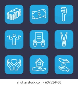 Hold icon. set of 9 outline hold icons such as man with flags, home care, holding document, clamp, hands holding heart, cloth pin, money