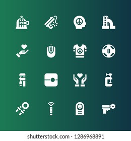 hold icon set. Collection of 16 filled hold icons included Peace, Finger, Remote control, Hand grip, Clamp, Give love, Slide, Casino, Computer mouse, Freedom