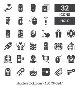 hold icon set. Collection of 32 filled hold icons included Peace, Slide, Remote control, Hand grip, Finger, Computer mouse, Selfie, Freedom, Poker table, Clamp, Give love, Casino