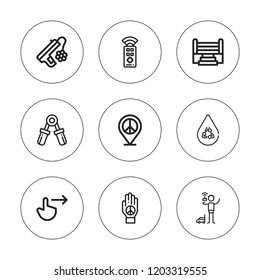 Hold icon set. collection of 9 outline hold icons with boxing ring, hand grip, peace, remote control, save water icons. editable icons.
