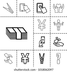 Hold icons. set of 13 editable outline hold icons such as payment, cloth pin, money, yuan, hand holding heart, touchscreen, man with flags, clamp