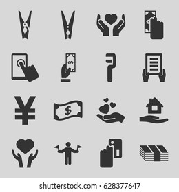 Hold icons set. set of 16 hold filled icons such as man with flags, Payment, cloth pin, home care, holding document, clamp, heart on hand, hands holding heart