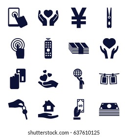 Hold icons set. set of 16 hold filled icons such as payment, cloth pin, home care, heart on hand, hands holding heart, hand holding heart, touchscreen, photos on rope