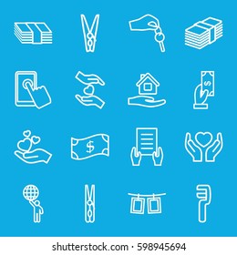 hold icons set. Set of 16 hold outline icons such as Payment, cloth pin, home care, holding document, clamp, hands holding heart, photos on rope, hand with key, money, crown
