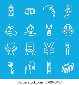 hold icons set. Set of 16 hold outline icons such as Payment, cloth pin, home care, holding document, clamp, heart on hand, holding globe, photos on rope, hand with key