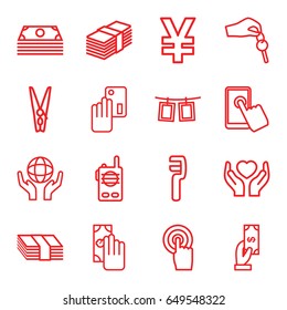 Hold icons set. set of 16 hold outline icons such as payment, clamp, holding globe, hands holding heart, touchscreen, cloth pin, photos on rope, hand with key, walkie talkie
