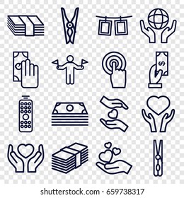 Hold icons set. set of 16 hold outline icons such as man with flags, payment, cloth pin, heart on hand, holding globe, hands holding heart, hand holding heart, touchscreen