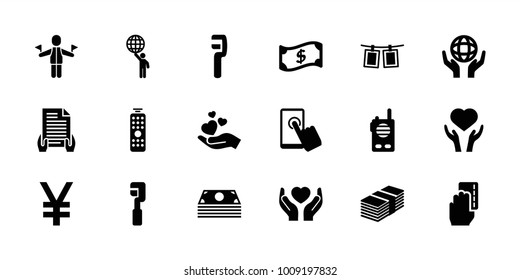 Hold icons. set of 18 editable filled hold icons: clamp, money, heart on hand, holding globe, hands holding heart, touchscreen, photos on rope, remote control, crown