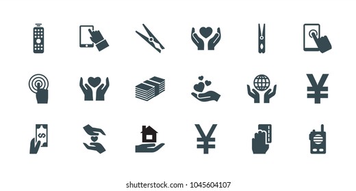 Hold icons. set of 18 editable filled hold icons: cloth pin, yuan, hands holding heart, hand holding heart, touchscreen, remote control, money, walkie talkie, payment