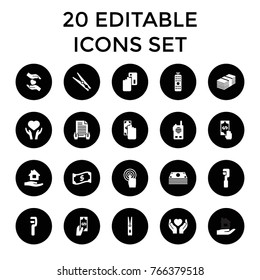 Hold icons. set of 20 editable filled hold icons such as cloth pin, home care, clamp, cash payment, creadit card payment, money, heart on hand, hands holding heart