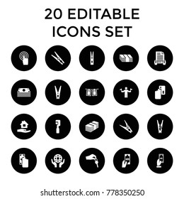 Hold icons. set of 20 editable filled hold icons such as man with flags, payment, cloth pin, home care, cash payment. best quality hold elements in trendy style.