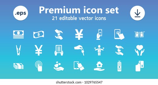 Hold icons. set of 21 editable filled hold icons includes payment, cloth pin, home care, holding document, creadit card payment, yuan, heart on hand, hands holding heart