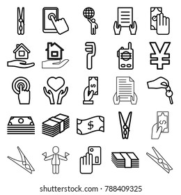 Hold icons. set of 25 editable outline hold icons such as payment, cloth pin, home care, holding document, clamp, cash payment, creadit card payment, money, yuan