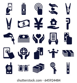 Hold icons set. set of 25 hold filled icons such as man with flags, payment, cloth pin, home care, holding document, clamp, holding globe, touchscreen, photos on rope