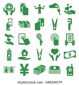 Hold icons set. set of 25 hold filled icons such as man with flags, payment, cloth pin, home care, holding document, clamp, heart on hand, holding globe, touchscreen