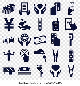 Hold icons set. set of 25 hold filled icons such as man with flags, payment, cloth pin, holding document, clamp, heart on hand, holding globe, touchscreen, photos on rope