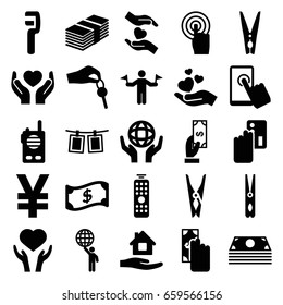 Hold icons set. set of 25 hold filled icons such as man with flags, payment, cloth pin, home care, clamp, heart on hand, holding globe, hands holding heart, touchscreen