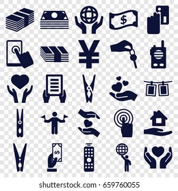 Hold icons set. set of 25 hold filled icons such as man with flags, payment, cloth pin, home care, holding document, heart on hand, holding globe, touchscreen, photos on rope