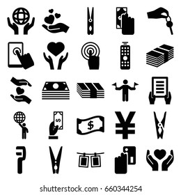 Hold icons set. set of 25 hold filled icons such as man with flags, payment, cloth pin, holding document, clamp, heart on hand, holding globe, touchscreen, photos on rope