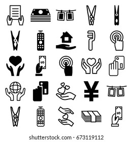 Hold icons set. set of 25 hold filled and outline icons such as payment, cloth pin, home care, heart on hand, touchscreen, photos on rope, remote control, holding document