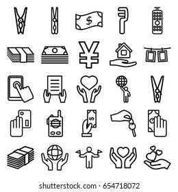 Hold icons set. set of 25 hold outline icons such as man with flags, payment, cloth pin, home care, holding document, clamp, heart on hand, holding globe, photos on rope