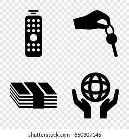 Hold icons set. set of 4 hold filled icons such as holding globe, hand with key, remote control