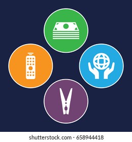 Hold icons set. set of 4 hold filled icons such as holding globe, cloth pin, remote control
