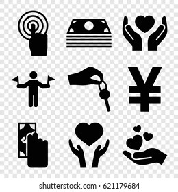 Hold icons set. set of 9 hold filled icons such as man with flags, heart on hand, hands holding heart, hand holding heart, touchscreen, hand with key, cash payment, money