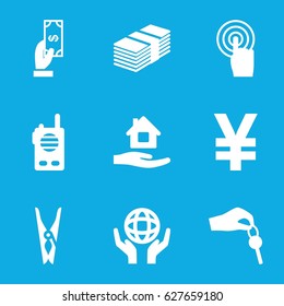 Hold icons set. set of 9 hold filled icons such as Payment, cloth pin, home care, holding globe, touchscreen, hand with key, walkie talkie, money