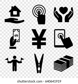 Hold icons set. set of 9 hold filled icons such as man with flags, payment, home care, hands holding heart, touchscreen, cloth pin, money