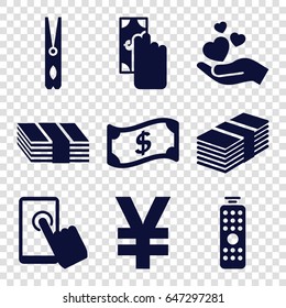 Hold icons set. set of 9 hold filled icons such as cloth pin, hand holding heart, remote control, touchscreen, money, crown, cash payment