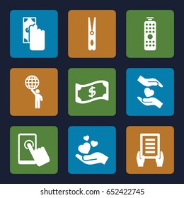 Hold icons set. set of 9 hold filled icons such as cloth pin, holding document, hands holding heart, remote control, touchscreen, crown