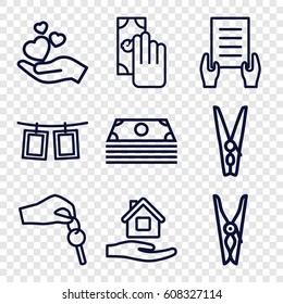 Hold icons set. set of 9 hold outline icons such as cloth pin, home care, holding document, heart, photos on rope, hand with key, cash payment