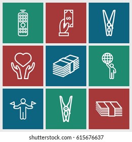 Hold icons set. set of 9 hold outline icons such as man with flags, Payment, cloth pin, heart on hand, remote control, man holding globe