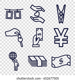 Hold icons set. set of 9 hold outline icons such as payment, cloth pin, hands holding heart, photos on rope, hand with key, man holding globe, crown, money