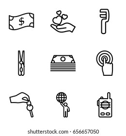 Hold icons set. set of 9 hold outline icons such as cloth pin, clamp, hand holding heart, touchscreen, hand with key, walkie talkie, man holding globe, crown