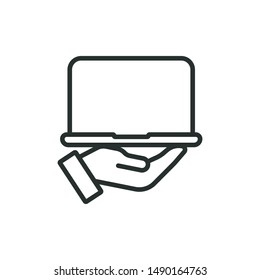 hold laptop - minimal line web icon. simple vector illustration. concept for infographic, website or app.